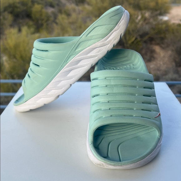 Hoka One One Mint Green & White Slides / with Red Accent - Picture 3 of 16